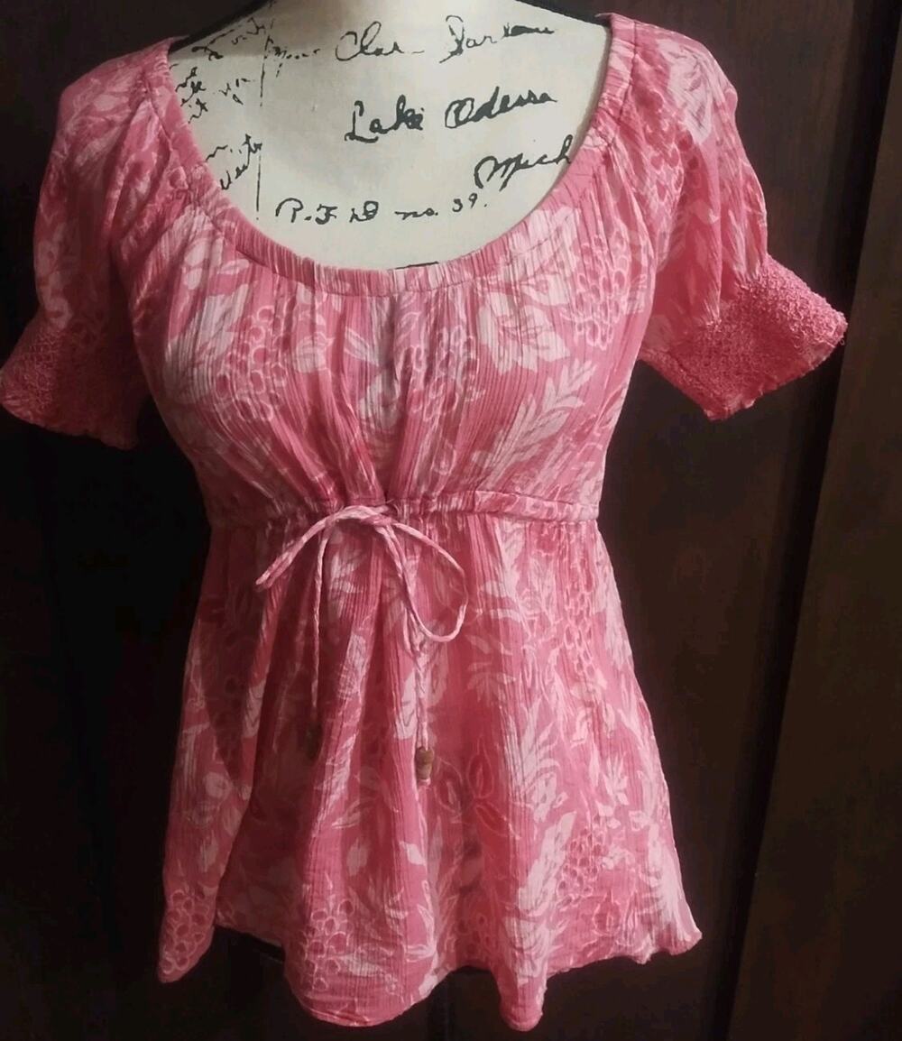 Babydoll Tie Waist Beads Pink Floral Puff-Sleeve Top Womens Medium M Feminine